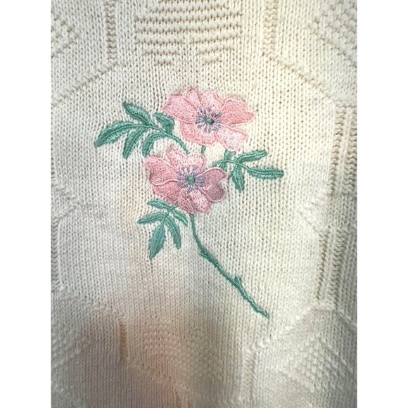 Frankenmuth Woolen Mill Womens Grannycore Sweater Size L Cream Pink Floral Embro - Picture 5 of 10